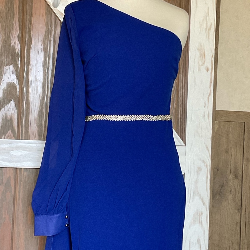 Faeriesty Elegant One-Shoulder Royal Blue Dress P2P 17”. Size Small - Picture 4 of 9